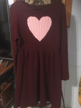 BloomChic Burgundy Knit Dress with Pink Heart Applique